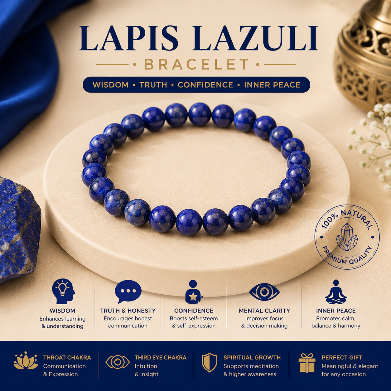 Lapis Lazuli Bracelet – A Stone That Has Inspired Kings, Scholars & Seekers Few gemstones have a history as remarkable as Lapis Lazuli. Treasured since ancient civilizations, this striking deep-blue stone has been worn by royalty, artists and spiritual practitioners for centuries. Its intense blue colour, often highlighted with shimmering golden pyrite inclusions, gives it an appearance unlike almost any other gemstone. Today, Lapis Lazuli remains one of the most admired crystals for those seeking jewellery that combines natural beauty with meaningful symbolism. Why Do People Wear Lapis Lazuli? In crystal and spiritual traditions, Lapis Lazuli is commonly associated with: Wisdom – Traditionally linked with learning, knowledge and better understanding Truth & Honesty – Symbolically connected with authentic communication Confidence – Often chosen to encourage self-expression Mental Clarity – Popular during study, planning and decision-making Inner Peace – Used in meditation and mindfulness practices Creative Expression – Favoured by artists, writers and creators Naturally Beautiful in Every Bead Lapis Lazuli is loved for its unmistakable appearance. Each bracelet may feature: Rich royal blue colour Deep navy blue shades Natural golden pyrite flecks Soft white calcite patterns Unique natural stone textures No two bracelets are exactly alike, making every piece one of a kind. Designed for Everyday Elegance Its luxurious blue colour makes the bracelet suitable for nearly every occasion. Wear it: At work During important meetings With traditional attire With casual outfits During meditation During journaling or study While travelling As a meaningful daily accessory Who Is This Bracelet For? This bracelet is ideal for people who: Love premium blue gemstones Prefer elegant everyday jewellery Practice meditation or mindfulness Appreciate meaningful crystal jewellery Are students, teachers or professionals Enjoy collecting natural crystals Want a thoughtful gift with timeless appeal A Meaningful Gift for Every Occasion The Lapis Lazuli Bracelet makes an excellent gift for: Birthdays Graduations New jobs Promotions Business owners Students Teachers Writers Spiritual practitioners Friends and family Its rich blue appearance and symbolic meaning make it a gift that feels both luxurious and personal. Product Details Product: Lapis Lazuli Bracelet Price: ₹1,599 Stone: Natural Lapis Lazuli Colour: Royal blue, deep blue with natural golden pyrite inclusions Style: Beaded crystal bracelet Traditional Association: Wisdom, truth, confidence, communication and inner peace Common Chakra Association: Throat Chakra & Third Eye Chakra Ideal For: Everyday wear, meditation, spiritual practice, study and gifting Natural Variation Notice: As a natural gemstone, colour, pyrite inclusions, white calcite patterns and texture may vary, making every bracelet unique. Care Instructions: Avoid prolonged exposure to perfumes, chemicals and excessive moisture. Store separately in a soft pouch to preserve the stone's natural finish. Disclaimer: Crystal properties and chakra associations are based on traditional and metaphysical beliefs. They are not scientifically established medical benefits and are not intended to diagnose, treat, cure or prevent any physical or psychological condition. Lapis Lazuli Bracelet – A Stone That Has Inspired Kings, Scholars & Seekers Few gemstones have a history as remarkable as Lapis Lazuli. Treasured since ancient civilizations, this striking deep-blue stone has been worn by royalty, artists and spiritual practitioners for centuries. Its intense blue colour, often highlighted with shimmering golden pyrite inclusions, gives it an appearance unlike almost any other gemstone. Today, Lapis Lazuli remains one of the most admired crystals for those seeking jewellery that combines natural beauty with meaningful symbolism. Why Do People Wear Lapis Lazuli? In crystal and spiritual traditions, Lapis Lazuli is commonly associated with: Wisdom – Traditionally linked with learning, knowledge and better understanding Truth & Honesty – Symbolically connected with authentic communication Confidence – Often chosen to encourage self-expression Mental Clarity – Popular during study, planning and decision-making Inner Peace – Used in meditation and mindfulness practices Creative Expression – Favoured by artists, writers and creators Naturally Beautiful in Every Bead Lapis Lazuli is loved for its unmistakable appearance. Each bracelet may feature: Rich royal blue colour Deep navy blue shades Natural golden pyrite flecks Soft white calcite patterns Unique natural stone textures No two bracelets are exactly alike, making every piece one of a kind. Designed for Everyday Elegance Its luxurious blue colour makes the bracelet suitable for nearly every occasion. Wear it: At work During important meetings With traditional attire With casual outfits During meditation During journaling or study While travelling As a meaningful daily accessory Who Is This Bracelet For? This bracelet is ideal for people who: Love premium blue gemstones Prefer elegant everyday jewellery Practice meditation or mindfulness Appreciate meaningful crystal jewellery Are students, teachers or professionals Enjoy collecting natural crystals Want a thoughtful gift with timeless appeal A Meaningful Gift for Every Occasion The Lapis Lazuli Bracelet makes an excellent gift for: Birthdays Graduations New jobs Promotions Business owners Students Teachers Writers Spiritual practitioners Friends and family Its rich blue appearance and symbolic meaning make it a gift that feels both luxurious and personal. Product Details Product: Lapis Lazuli Bracelet Price: ₹1,599 Stone: Natural Lapis Lazuli Colour: Royal blue, deep blue with natural golden pyrite inclusions Style: Beaded crystal bracelet Traditional Association: Wisdom, truth, confidence, communication and inner peace Common Chakra Association: Throat Chakra & Third Eye Chakra Ideal For: Everyday wear, meditation, spiritual practice, study and gifting Natural Variation Notice: As a natural gemstone, colour, pyrite inclusions, white calcite patterns and texture may vary, making every bracelet unique. Care Instructions: Avoid prolonged exposure to perfumes, chemicals and excessive moisture. Store separately in a soft pouch to preserve the stone's natural finish. Disclaimer: Crystal properties and chakra associations are based on traditional and metaphysical beliefs. They are not scientifically established medical benefits and are not intended to diagnose, treat, cure or prevent any physical or psychological condition.