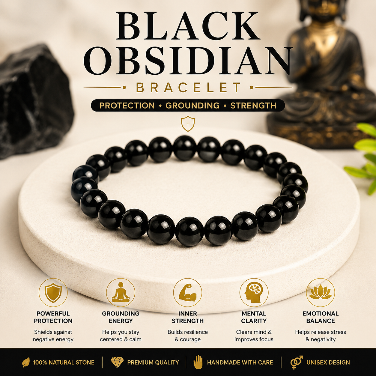 Natural Black Obsidian Bracelet - For Grounding, Strength & Emotional Balance Natural Black Obsidian Bracelet - For Grounding, Strength & Emotional Balance