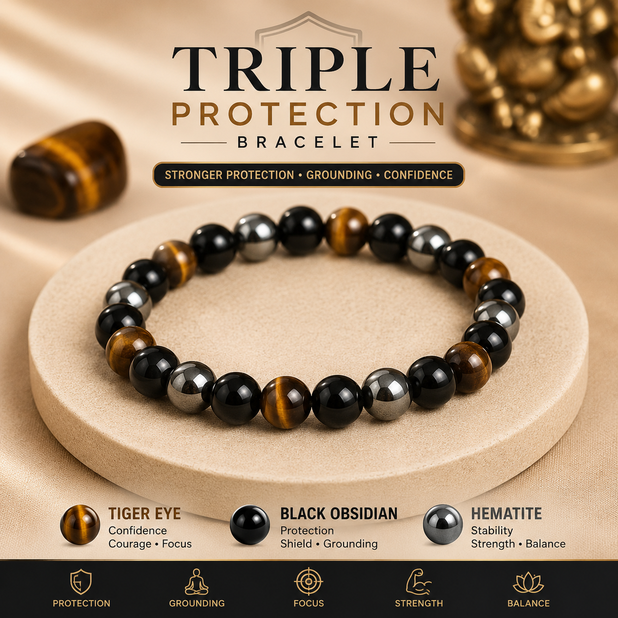 Triple Protection Crystal Bracelet - Tiger Eye, Black Obsidian & Hematite Triple Protection Crystal Bracelet - Tiger Eye, Black Obsidian & Hematite