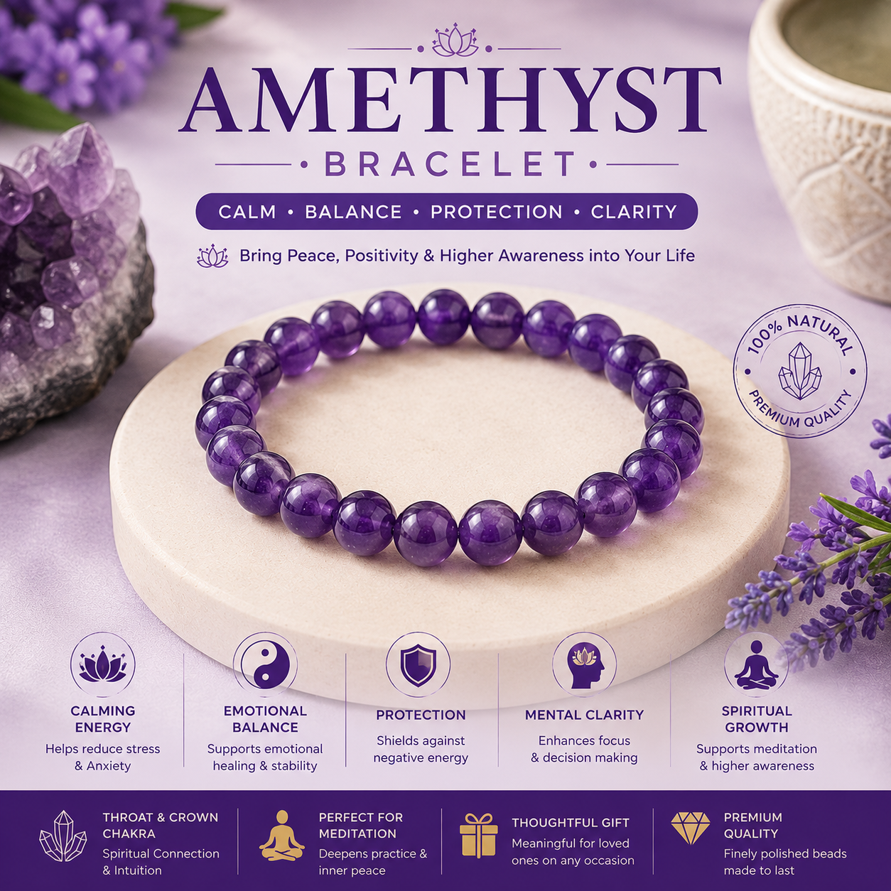 Natural Amethyst Bracelet For Calm, Protection & Inner Peace Natural Amethyst Bracelet For Calm, Protection & Inner Peace
